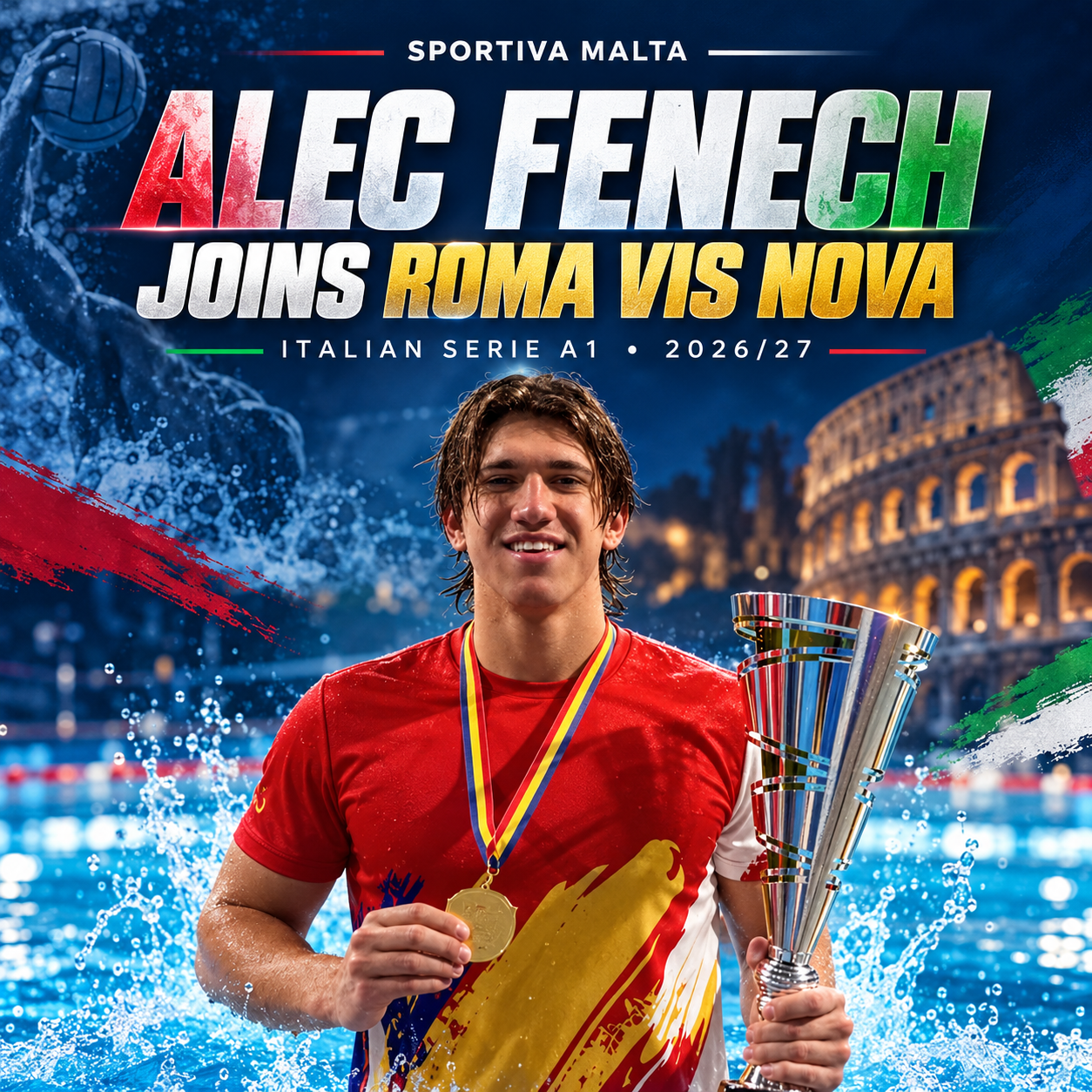 Sportiva Malta graphic showing Alec Fenech with a medal and trophy, announcing his move to Roma Vis Nova for 2026/27